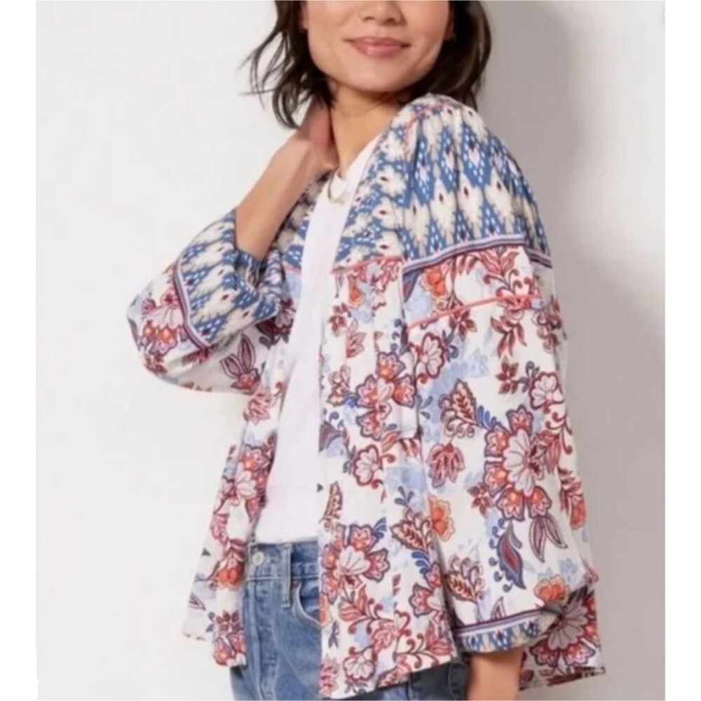 Evereve Penny Open Front Floral Kimono Top Linen Blend Jacket White Blue XS / S
